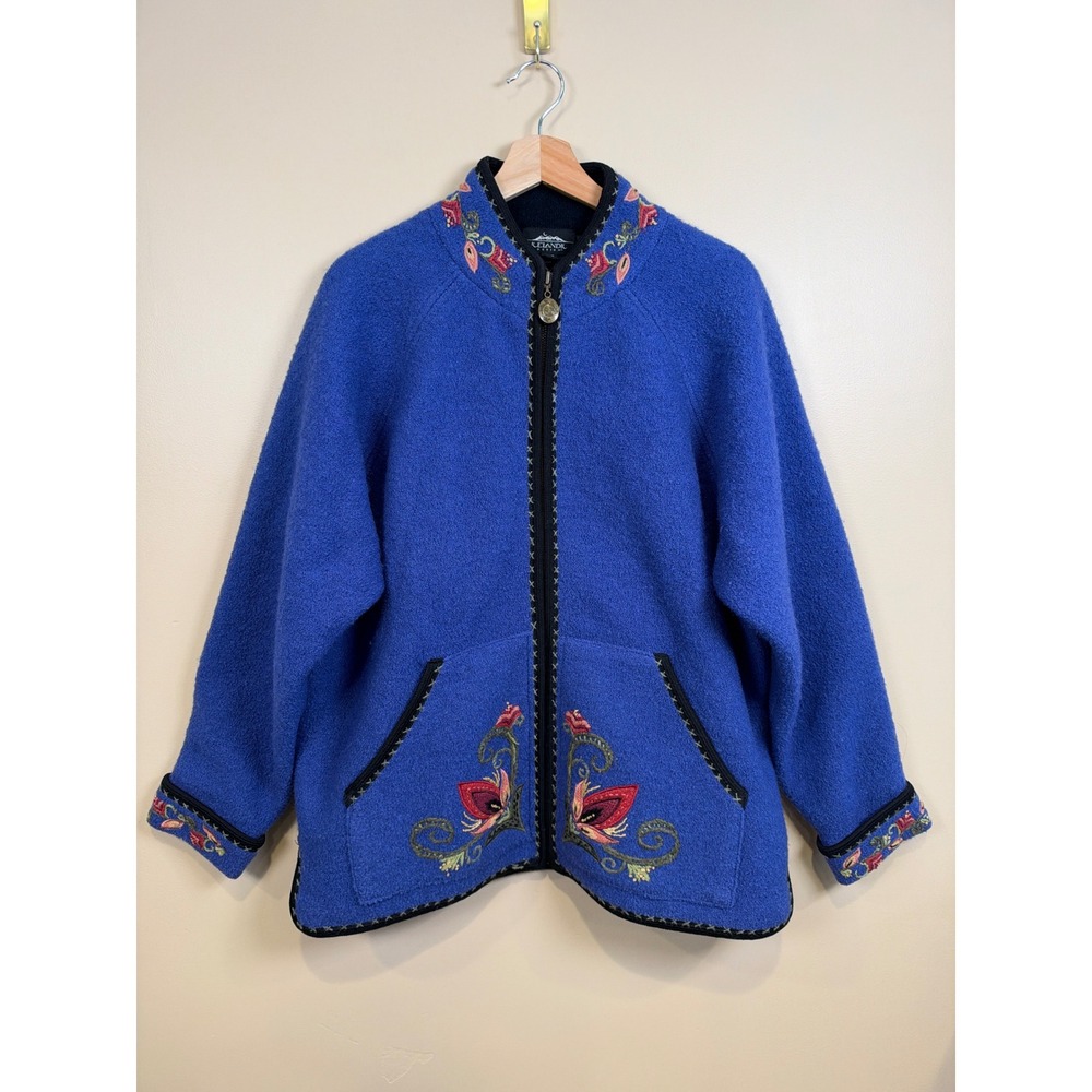 Icelandic Design Wool Jacket Womens 1X* Blue Floral Embroidered Nordic Zip